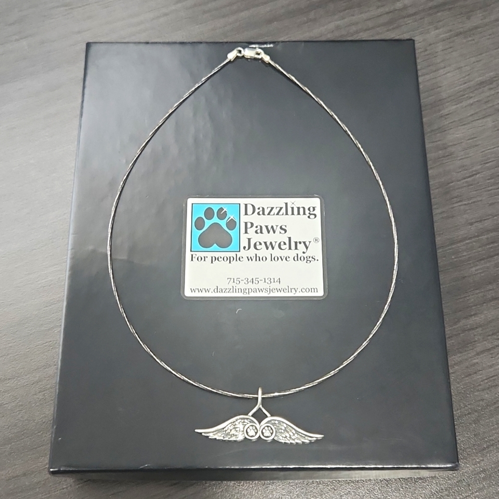 Pet Memorial Necklace Wings and Pawprints on Choker Chain